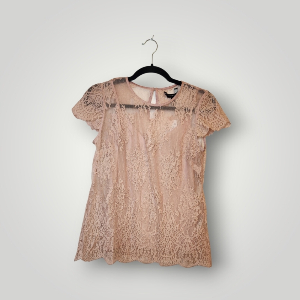 White House Black Market size XsNwt style 570278651 Pink Lace Sheer Top Tunic